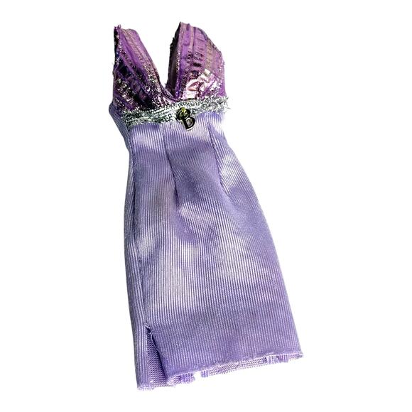 Barbie Dress Purple Silver Gold B Accent Shimmer Party Side Slit Bodycon Vintage - Picture 4 of 4